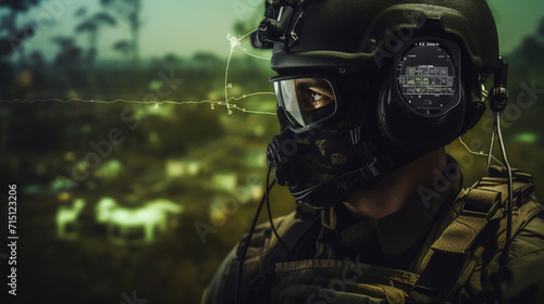 A throat microphone on a military operative, with the operations center and maps. 3D rendering photo