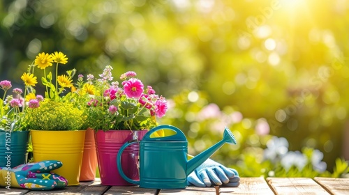 colorful flower pots with watering can and gloves on wooden table on sunny garden background. banner with copy space 