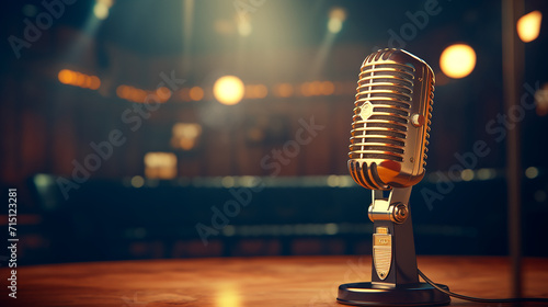 A vintage pill microphone on a TV talk show set, with camera equipment and stage. 3D rendering