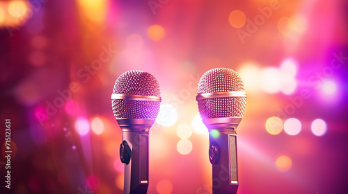 bidirectional microphone in singing contest, spotlights creating a dazzling bokeh 3D illustration