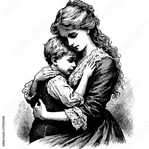 Vintage Family Portrait With Mother Hugging Her Son