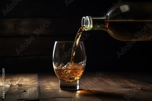 Whiskey pouring from bottle on rustic wood background with copy space. Generative AI