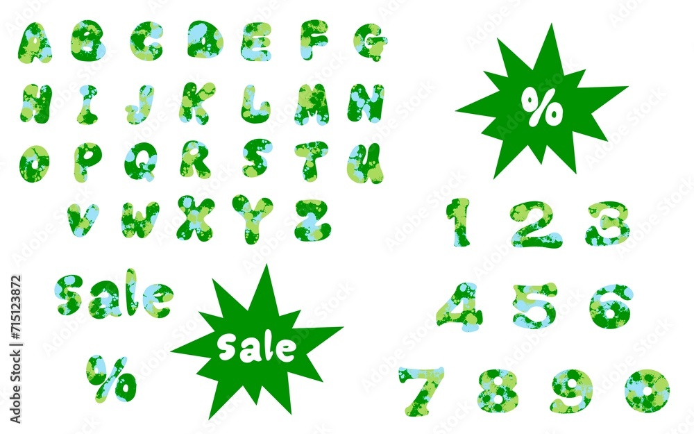 Set English alphabet and numbers and sale and percent print for wrapping paper and shops packaging Set English alphabet and numbers and sale and percent print for wrapping paper and shops packaging