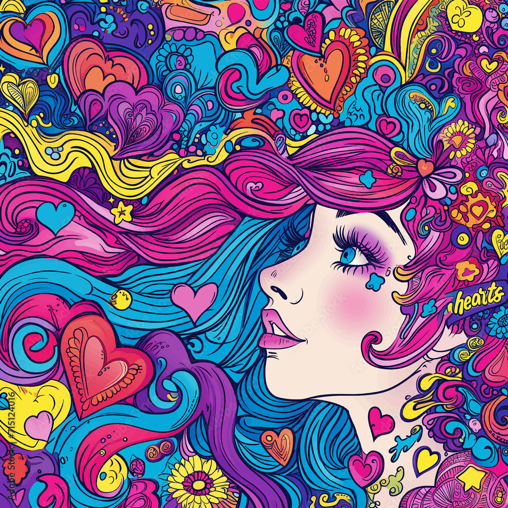 Colorful girl with hearts ilustration