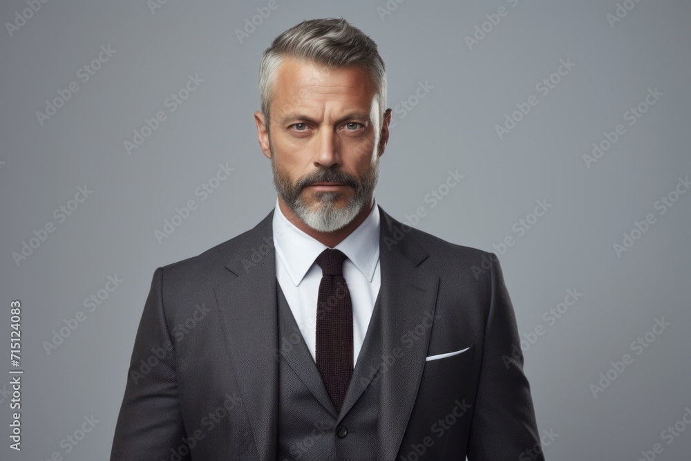 Confident mature businessman in suit looking at camera while standing against grey background Confident mature businessman in suit looking at camera while standing against grey background