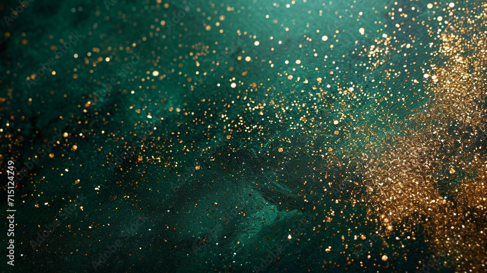 Golden glitter and sparkles scattered on a emerald green background with copy space.