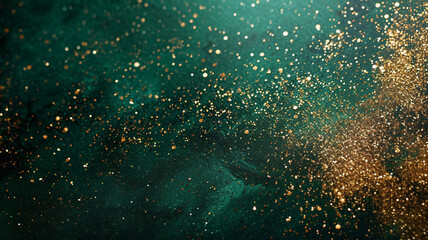 Golden glitter and sparkles scattered on a emerald green background with copy space.
