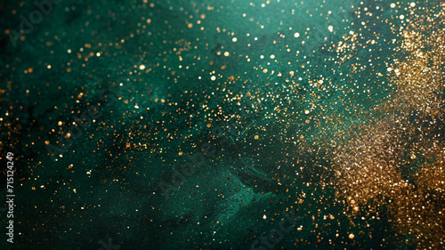 Golden glitter and sparkles scattered on a emerald green background with copy space.