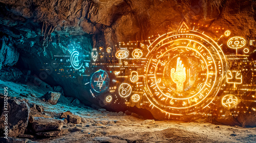 A captivating blend of ancient and futuristic, cave's rocky interior bathed in the golden glow of mysterious, glowing symbols and icons, civilization or alien technology merging with natural elements photo