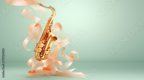 seafoam green saxophone with fluttering silk ribbons on a soft tangerine dawn. 3D rendering photo