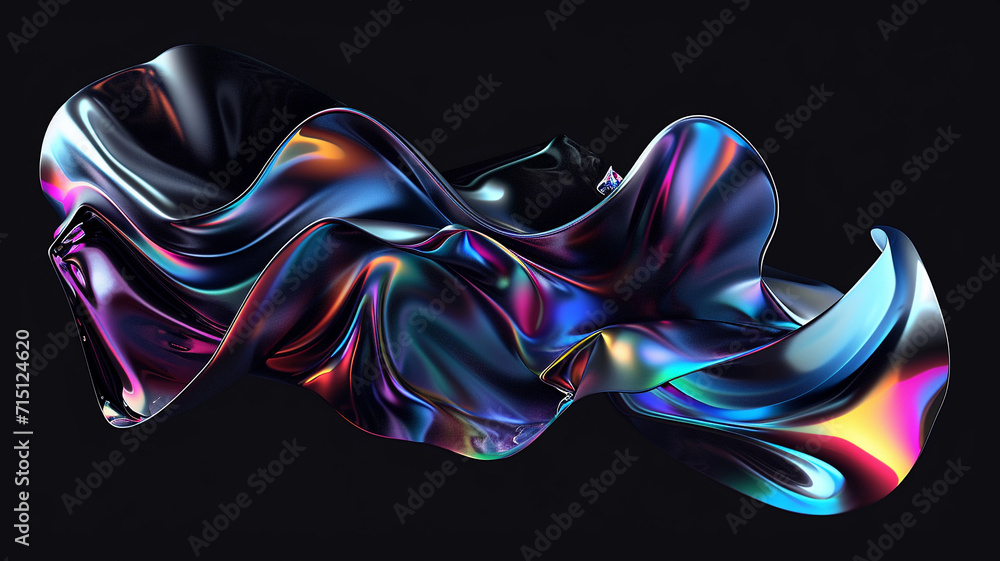 Abstract holographic shape floating on black background. Transparent glass texture on wavy figure. - obrazy, fototapety, plakaty 