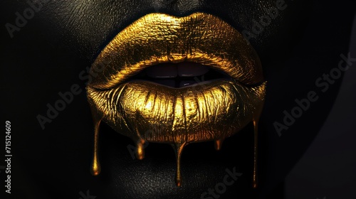 Golden lips with gold lipstick on isolated background. Sensual girl or woman mouth with gold.
