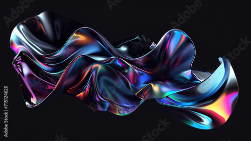 Abstract holographic shape floating on black background. Transparent glass texture on wavy figure.