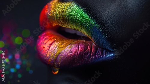 Sexy, juicy female lips covered with rainbow colored lipstick, wet paint, makeup. 3d ilustration.