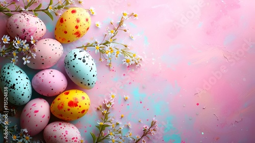 AI generated illustration of colorful speckled Easter eggs on pastel background with white flowers