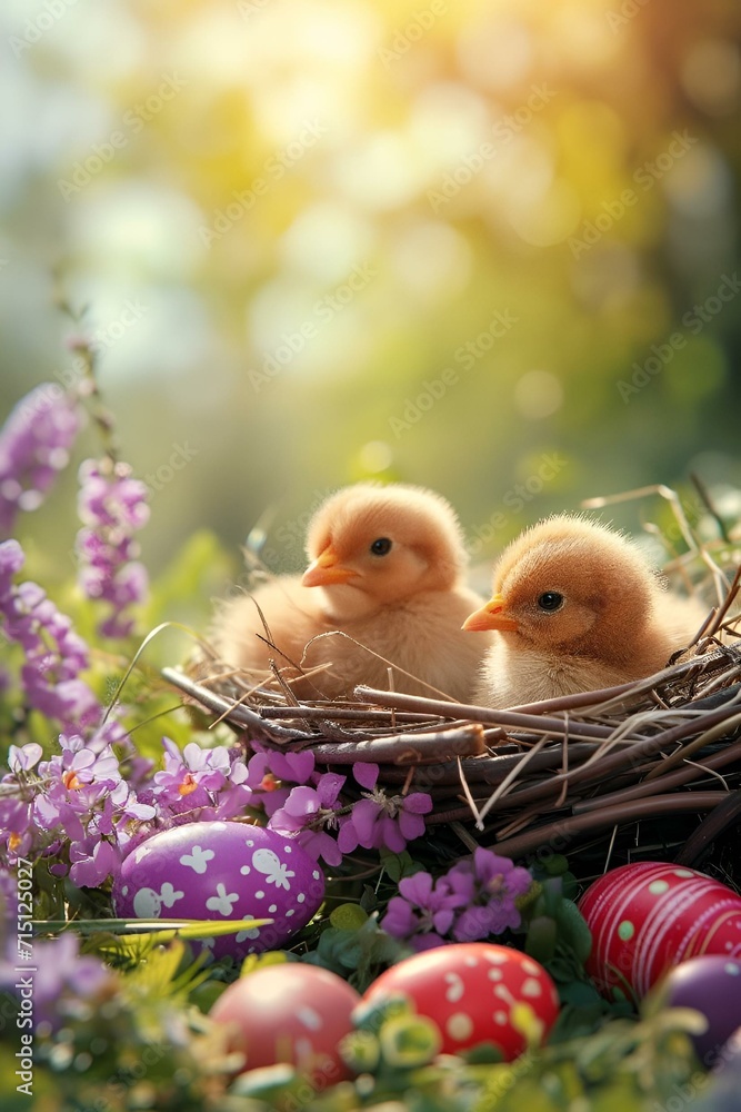 AI generated illustration of small birds perched in a nest amidst a field of Easter eggs