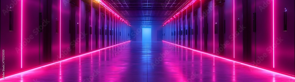 data center with colored lights on the floor server room. light tunnel in the night.