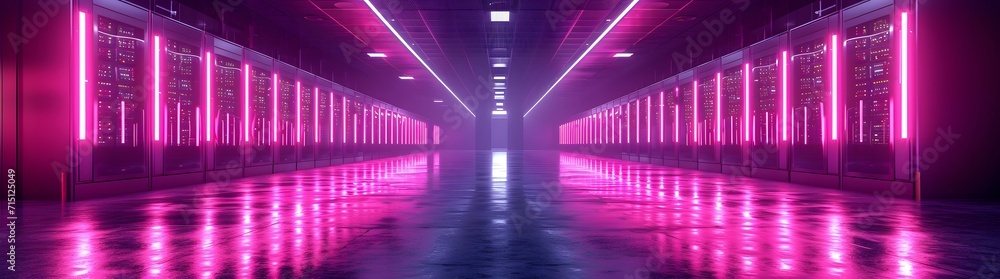 data center with colored lights on the floor server room. light tunnel in the night. background with lines