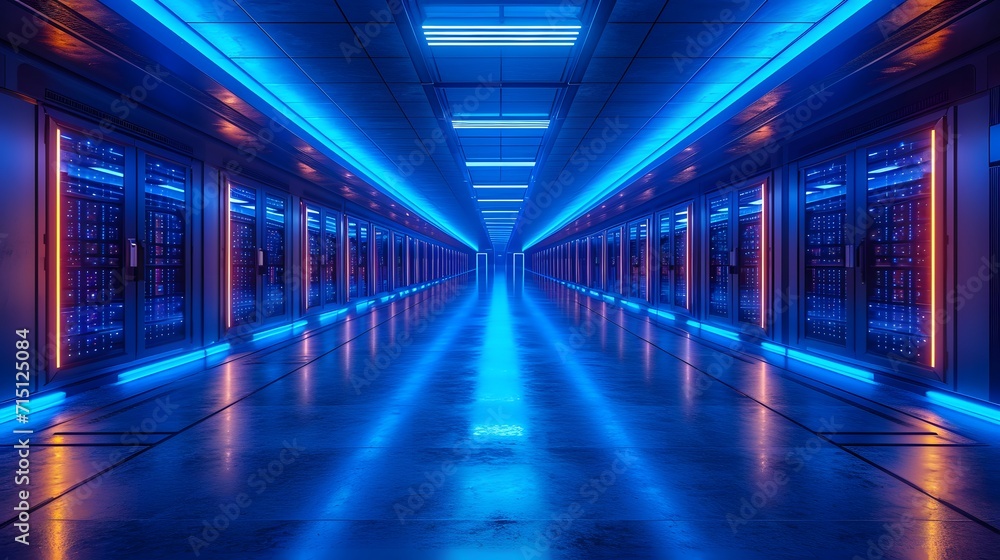 data center with colored lights on the floor server room. light tunnel in the night. background with lines. light tunnel in the night