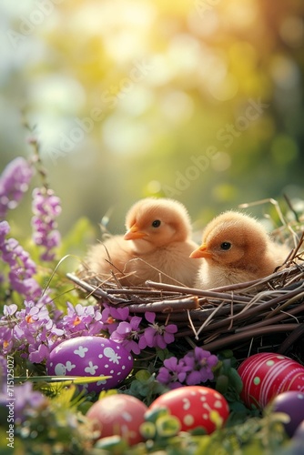 AI generated illustration of small birds perched in a nest amidst a field of Easter eggs © Wirestock