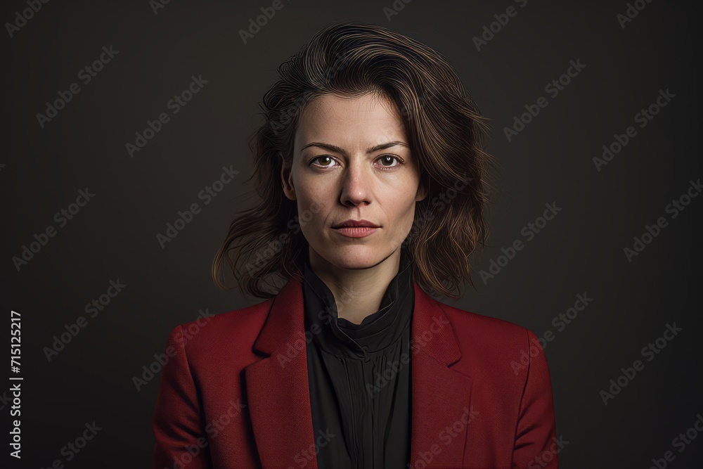 Portrait of a beautiful woman in a red jacket on a dark background