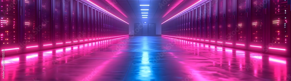 data center with colored lights on the floor server room. light tunnel in the night. background with lines