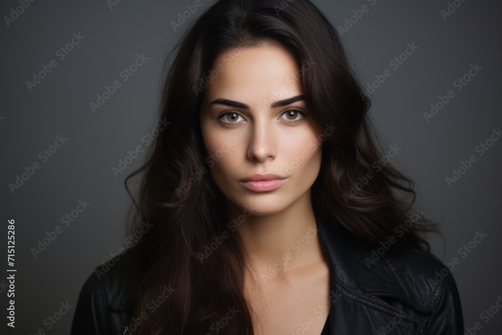 Portrait of a beautiful young brunette woman in black leather jacket Portrait of a beautiful young brunette woman in black leather jacket