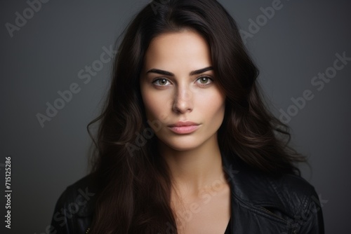 Portrait of a beautiful young brunette woman in black leather jacket