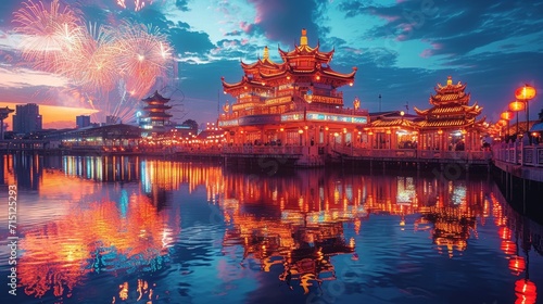Temple Fair with Fireworks: Chinese New Year: A stunning shot of a temple fair at night, with fireworks illuminating the sky in the background © ktianngoen0128