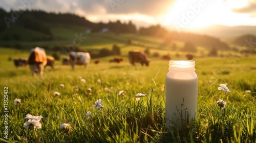 retro can for milk with cows eating clover on the background photo