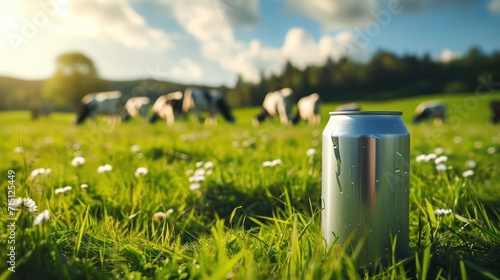 retro can for milk with cows eating clover on the background