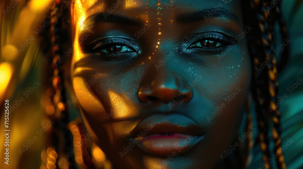 Fototapeta premium Cropped of stylish black girl. Attractive young slim woman wearing wearing traditional national african turban and earrings. Female beauty. Isolated on blue background. Studio shoot. Copy space