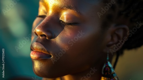 Cropped of stylish black girl. Attractive young slim woman wearing wearing traditional national african turban and earrings. Female beauty. Isolated on blue background. Studio shoot. Copy space