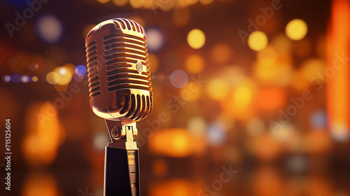 a vintage ribbon microphone set on a jazz club stage with blurred lights background 3D illustration