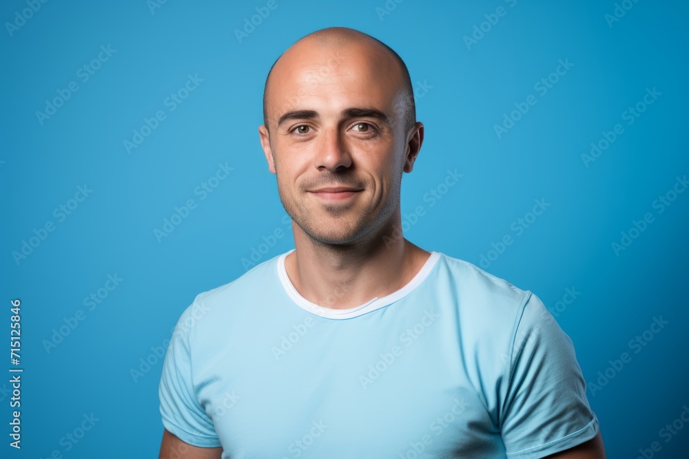 Portrait of a bald man with blue t-shirt on blue background Portrait of a bald man with blue t-shirt on blue background