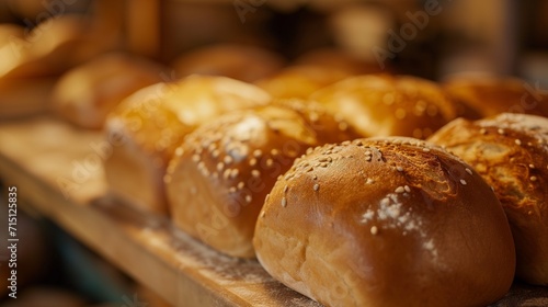 A close-up of freshly baked, golden artisan bread with sesame seeds