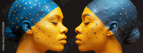 Two Painted-Face Women Statues Standing Side by Side in a Public Area