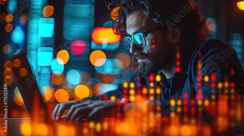 Experienced businessman looking at financial data with graphics and charts while work on a laptop
