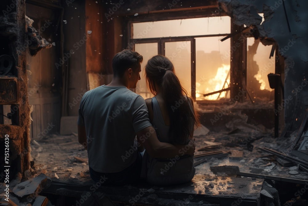 Fototapeta premium A young couple sits hugging in a destroyed house. Breaking a window. Fire in the house. Destroyed life. 