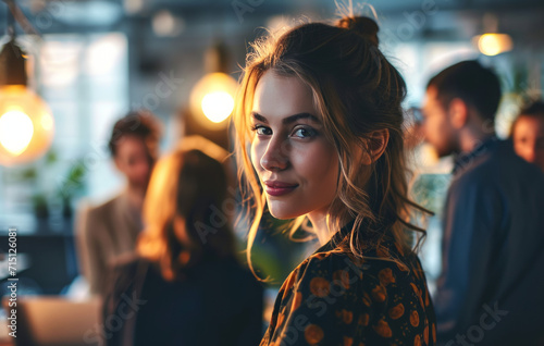 young businesswoman talking with a group of businesspeople in the office