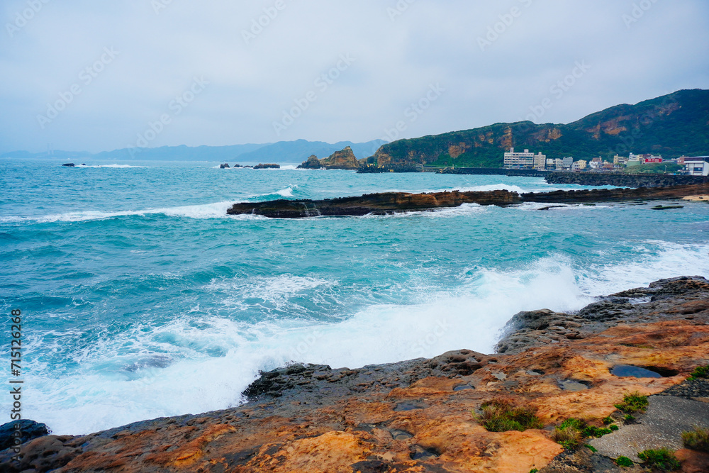 Taipei, Taiwan, Republic of China, 01 21 2024: The landscape of Pacific ocean and Yeliu geopark at Taipei, Taiwan, Republic of China