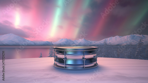 Silver steel drum with pastel aurora waves on a backdrop of cool morning mist. 3D rendering photo