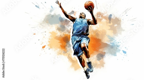 Action picture of basketball player leaping to the hoop impressionistic style, white background 