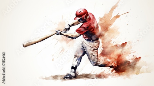 Action shot of a baseball batsmen striking a ball in an impressionistic style with white background.
