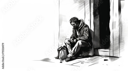 Black-and-white illustration of homeless man, leaning against building © David