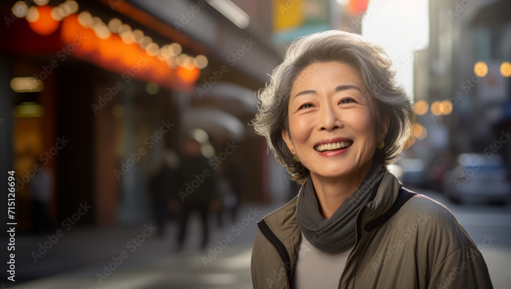 Senior smiling asian japanese woman stands in in a city street, an outdoor market with fresh fruit and veg. Food stalls store, admiring a colourful assortment of fresh vegetables at a supermarket Senior smiling asian japanese woman stands in in a city street, an outdoor market with fresh fruit and veg. Food stalls store, admiring a colourful assortment of fresh vegetables at a supermarket