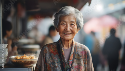 Senior smiling asian woman stands in an outdoor market with fresh fruit and veg. Food stalls store, admiring a colourful assortment of fresh vegetables at a supermarket