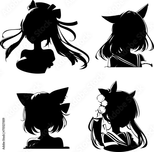 Anime silhouettes vector set, medium shot, cat ears vector illustration photo