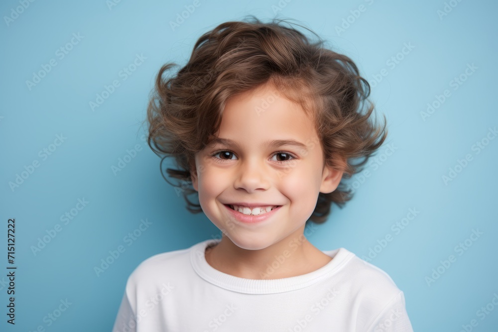 Portrait of a smiling little girl with curly hair on a blue background Portrait of a smiling little girl with curly hair on a blue background