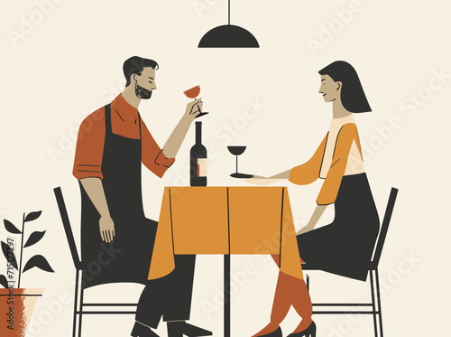 Pareja en restaurante tomando una copa de vino